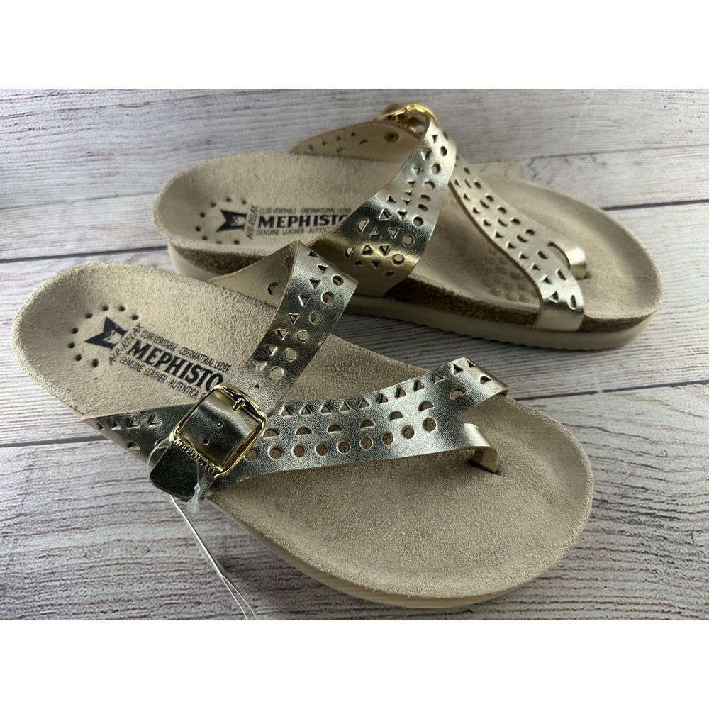 Mephisto Women's Gold Helena Perforated Leather Toe Post Slip On Sandals Size 38